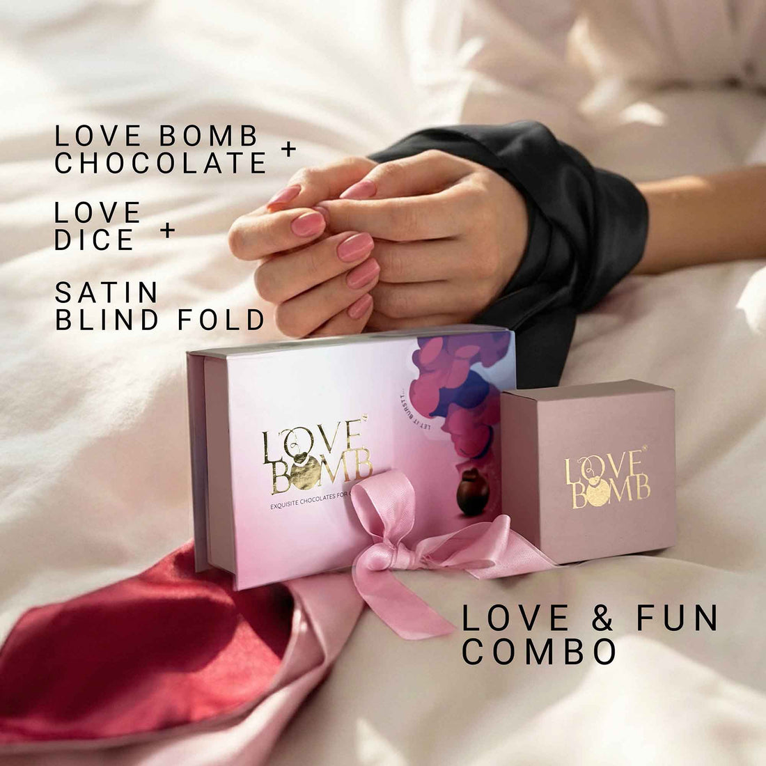 Love Bomb Date Night Kit - Intimacy Chocolate + Dice + Blindfold