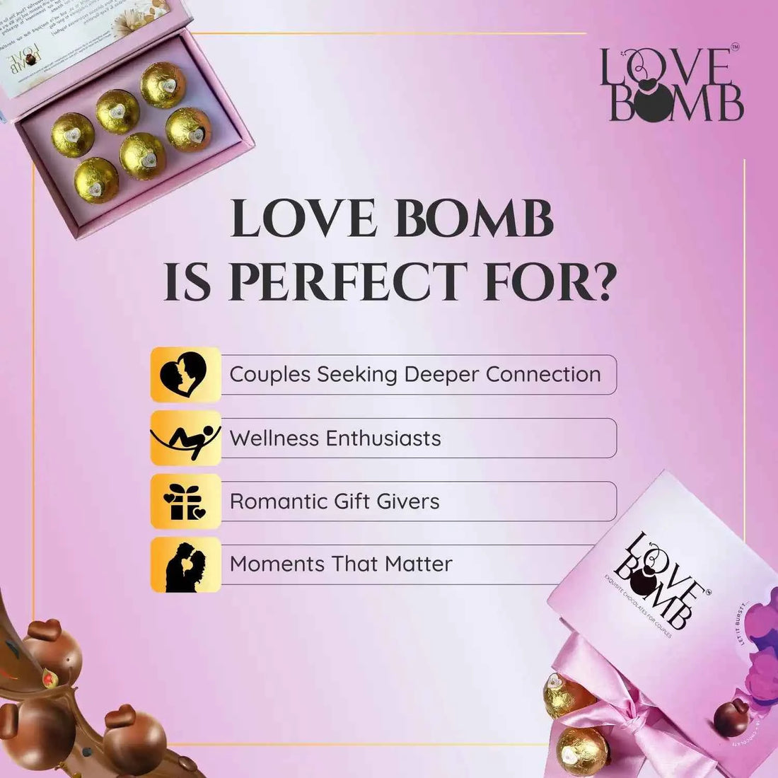 Love Bomb Intimacy Chocolate for Couples with Shilajit and Ashwagandha - 6 piece box